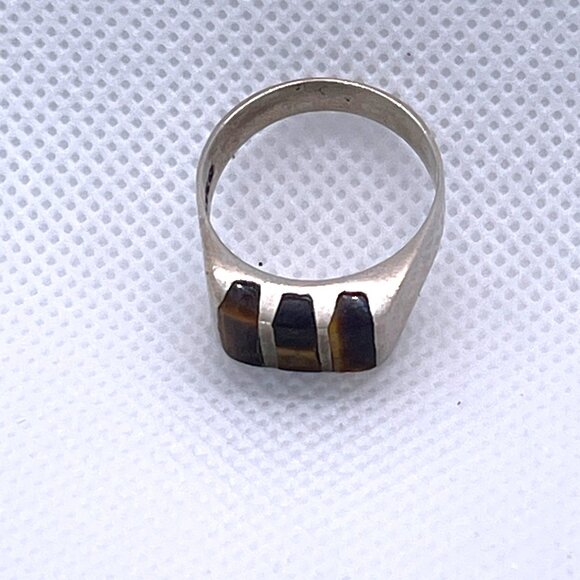 Mexico 925 Sterling Silver Tigers Eye Inlay Ring Size Handmade Signed FCV Size 7 - Picture 5 of 9